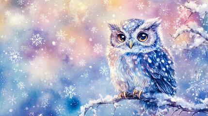 Obraz premium Watercolor Christmas Owl with Snowflakes in a Starry Winter Scene