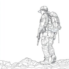 Line Art Illustration of a Soldier with Backpack and Rifle on Rocky Terrain
