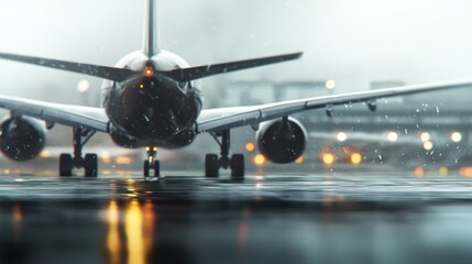 Airplane taxiing on a wet runway in snowy weather, close-up view.