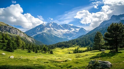 Obraz premium Majestic Mountain Landscape with Lush Green Valley and Dramatic Clouds : Generative AI