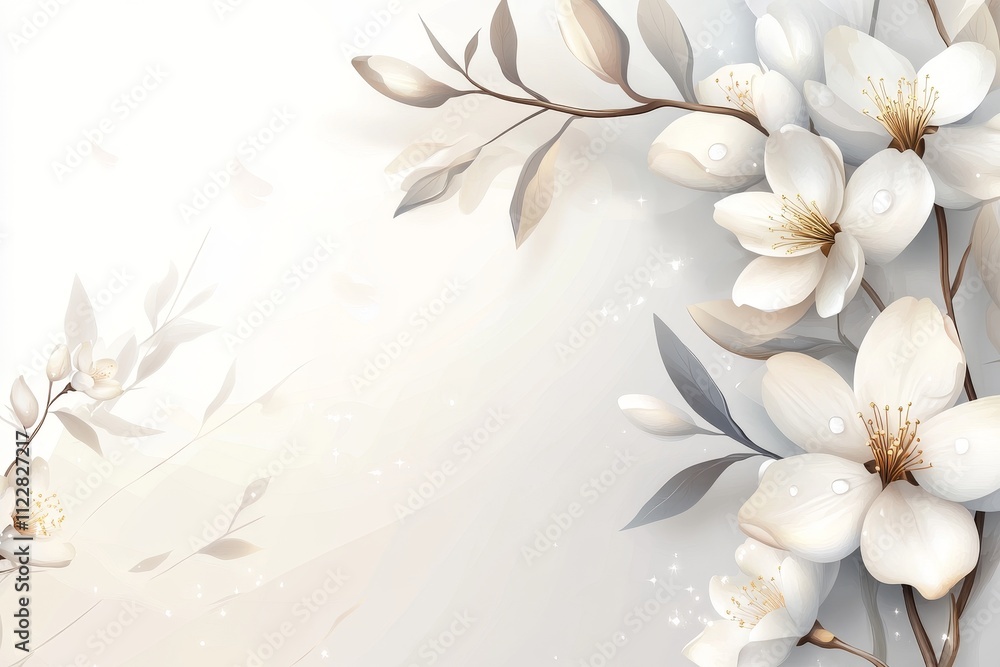 Poster elegant white blossoms on a soft background with subtle light effects and delicate leaves for sereni