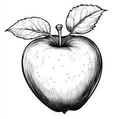 Hand-Drawn Black and White Illustration of an Apple with Leaves