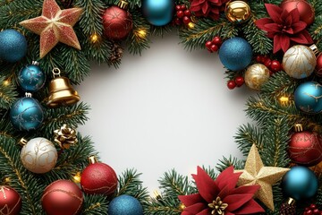 Fototapeta premium Christmas background with decoration in green and red colors. copy space. happy New Year card. seasonal greetings or marketing templates.