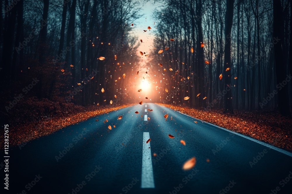 Poster enchanting autumn road surrounded by trees at dusk with falling leaves and soft light creating a dre