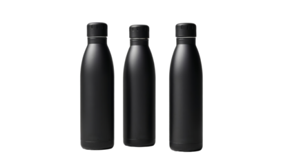 PNG of Three sleek black water bottles standing in a row, showcasing a modern and minimalist design on transparent background