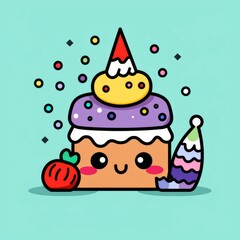Cute Cartoon Birthday Cake with Party Hat and Confetti