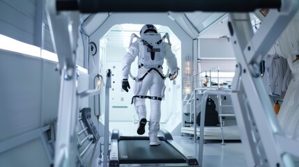 A futuristic astronaut exercises on a treadmill in a high-tech space station, capturing an intersection of science fiction and reality.