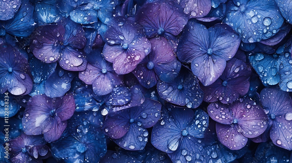 Poster vibrant blue and purple hydrangeas covered in dewdrops creating stunning visual depth : generative a
