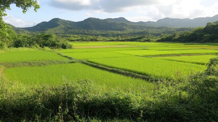 Fototapeta premium Lush green rice fields surrounded by mountains under a clear sky.