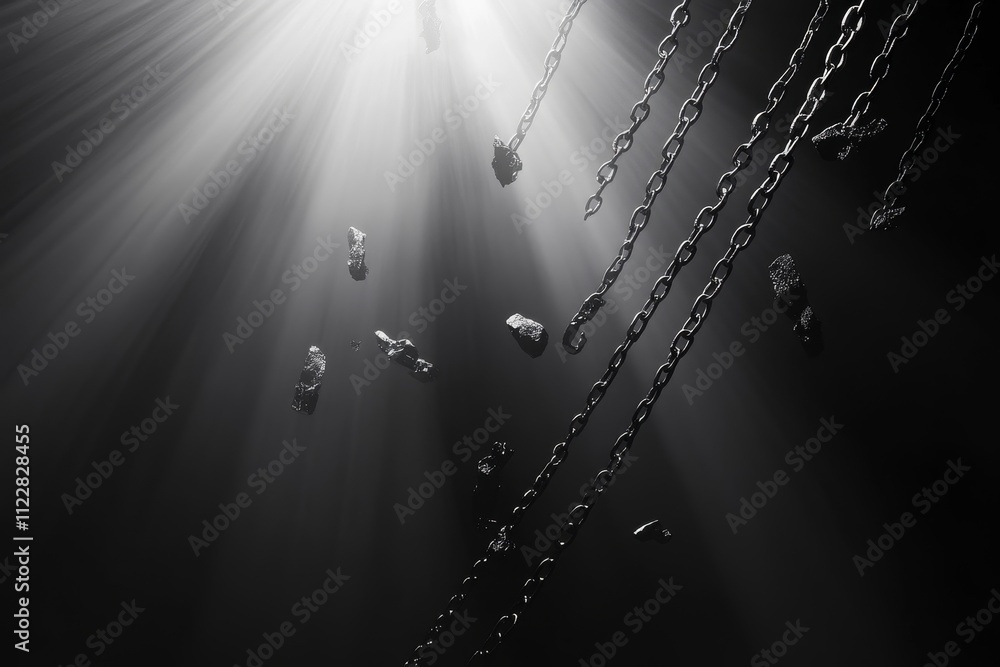 Poster ethereal black and white image of chains and rocks suspended in light rays, creating a mysterious an