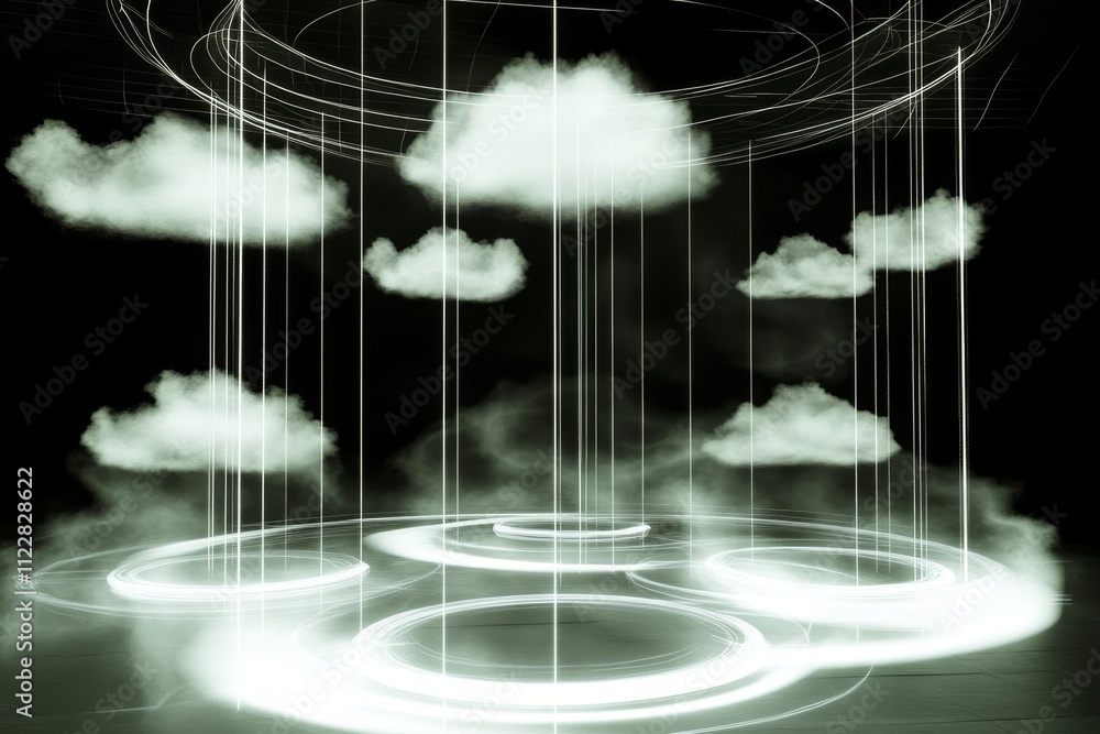 Poster ethereal digital landscape with floating clouds and abstract light beams, creating a dreamlike atmos