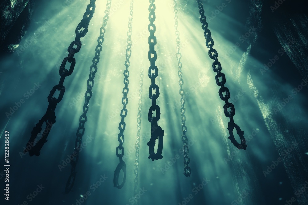 Poster ethereal chains suspended in dark water with soft light filtering through, creating a haunting atmos