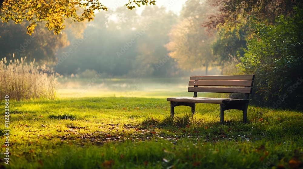 Poster serene autumn park bench under golden sunlight in tranquil forest setting : generative ai