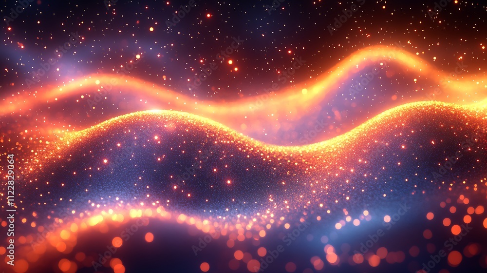 Poster dreamlike digital wave filled with warm toned glowing particles and cosmic atmosphere : generative a