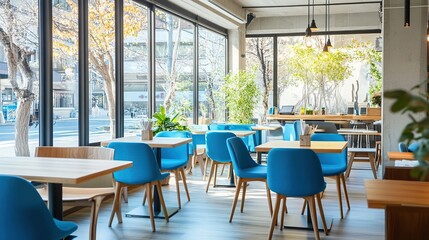 Fototapeta premium Modern cafe interior with tables and blue chairs and light coming in from the glass windows