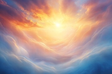 Fototapeta premium Ethereal Sunrise Over Soft Clouds in Vibrant Colors with Golden Rays Illuminating the Sky, Creating a Dreamlike and Serene Atmosphere of Peace