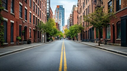 Fototapeta premium Peaceful Urban Residential Street with Red Brick Buildings and Trees : Generative AI
