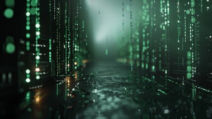 A virtual landscape of cascading green codes represents a digital rain reminiscent of futuristic technology and cyber realms.