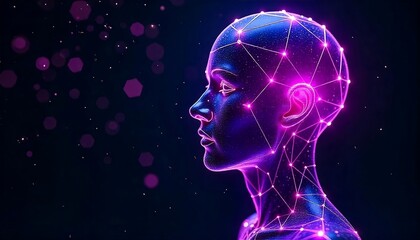 Obraz premium A glowing wireframe head with a futuristic, technological appearance against a dark background with sparkling lights, Artificial Intelligence Abstract Concepts, created with generative ai