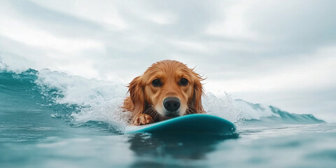 Golden Retriever Riding the Ocean Waves on a Surfboard