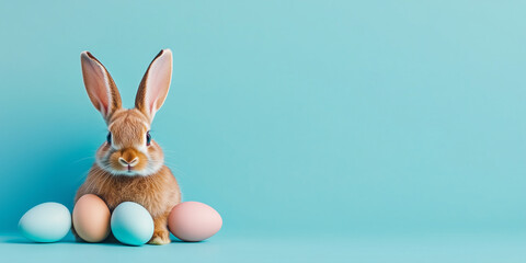 Obraz premium Adorable Easter Bunny With Colorful Painted Eggs On Blue Background, copy space