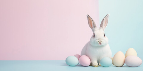 Obraz premium Easter Bunny With Painted Eggs On Pastel Colored Background, copy space