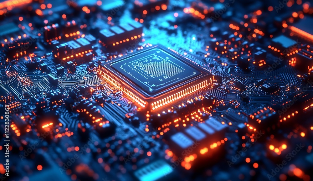 Poster Close Up of Advanced Technology Circuit Board with Blue and Orange Illuminations Digital Design : Generative AI