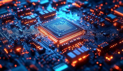 Close Up of Advanced Technology Circuit Board with Blue and Orange Illuminations Digital Design : Generative AI