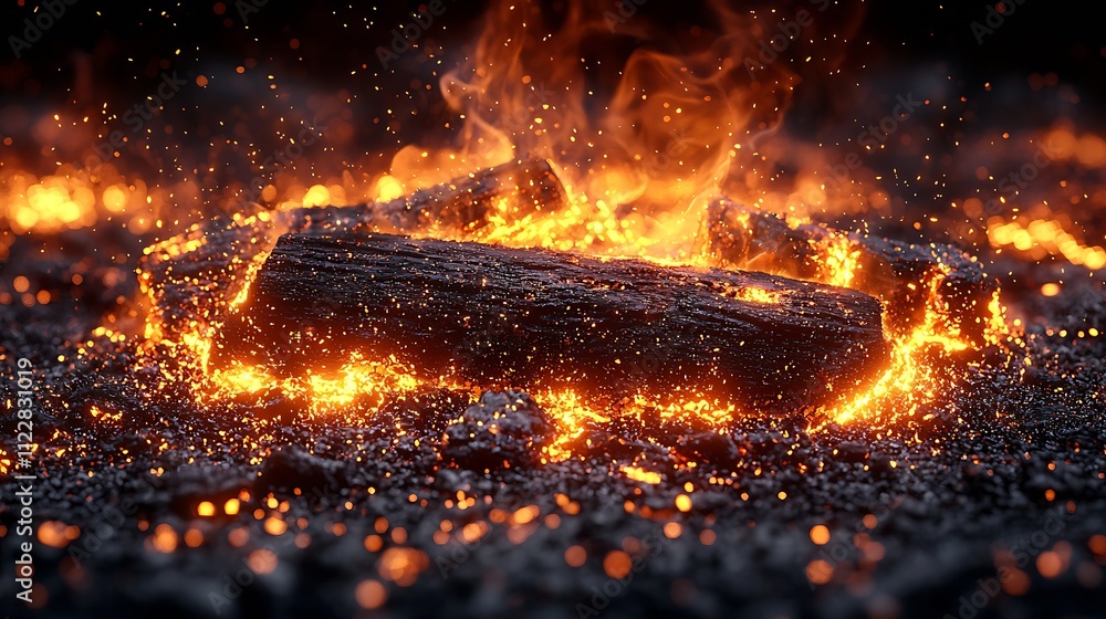 Aufkleber intense glowing fire with animated embers and crackling wood in a night forest setting : generative 