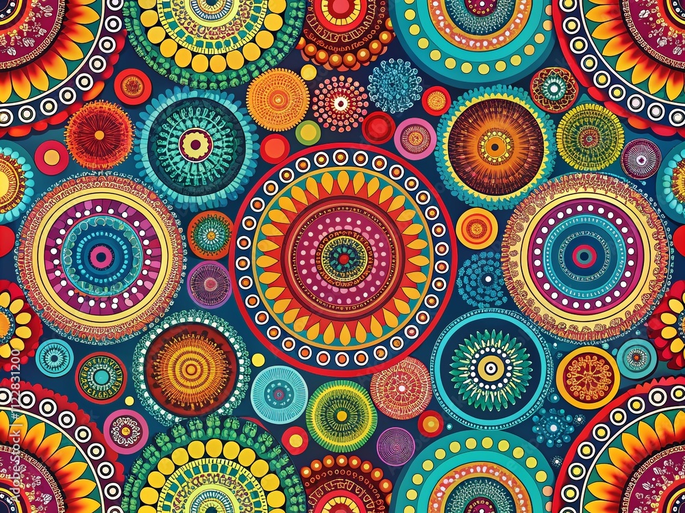 Poster circular patterns in vibrant colors for home decor and textile design with a high depth of field eff