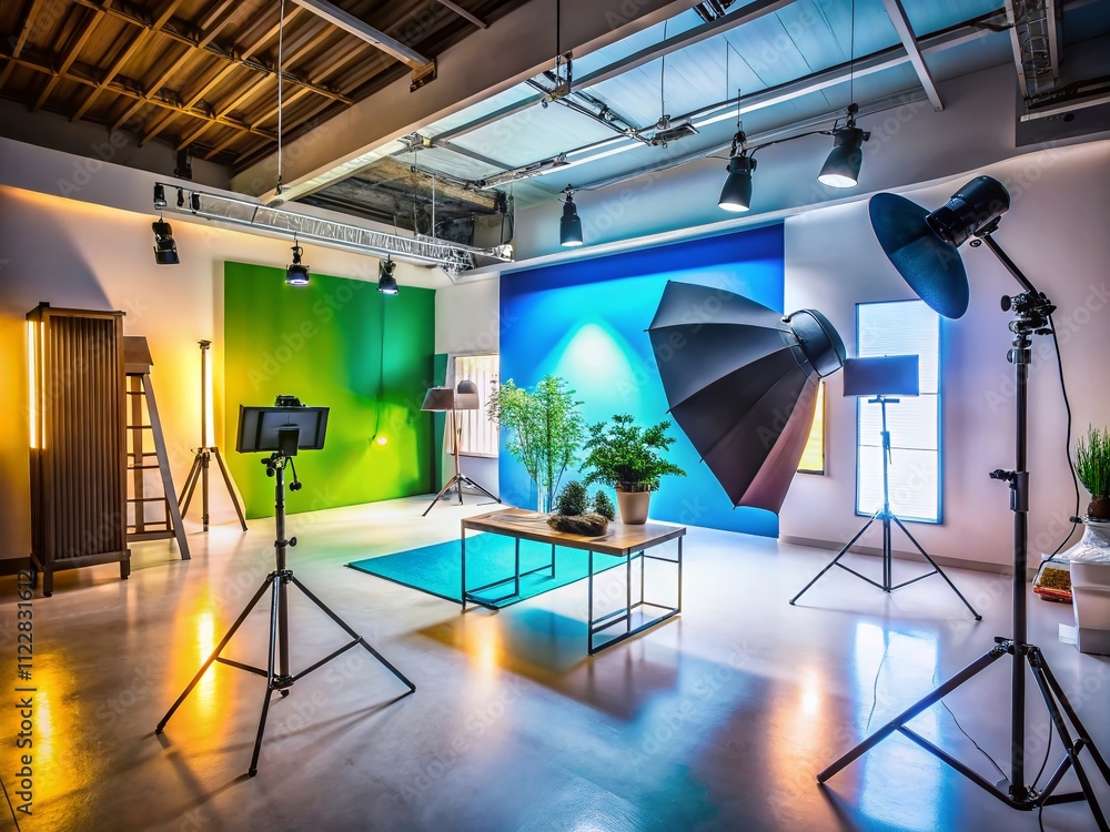 Poster clean and minimal studio space with professional lighting equipment and simple backdrop ready for ph