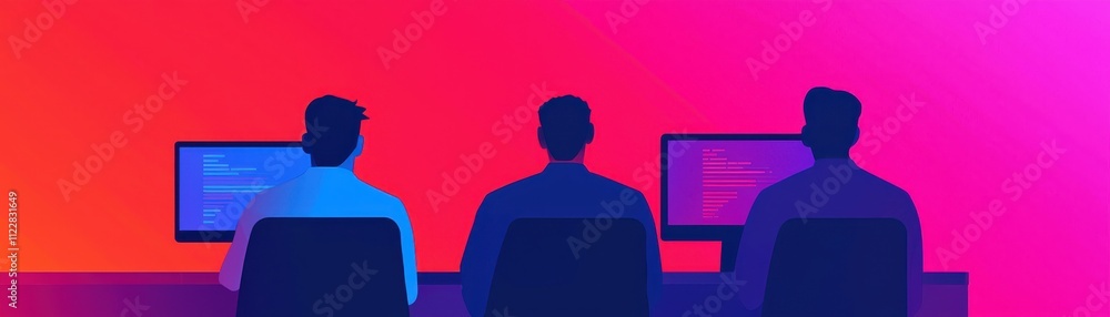 Poster three individuals are seated at computers, illuminated by vibrant red and purple lighting, creating 