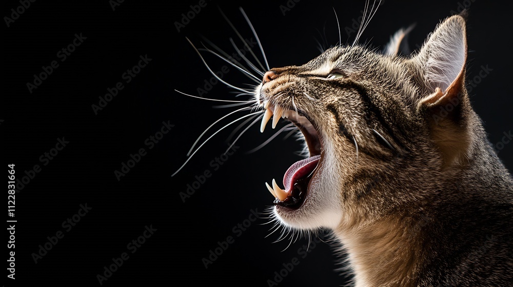 Poster Side View of a Striped Cat Meowing with Whiskers Highlighted Against a Black Background : Generative AI