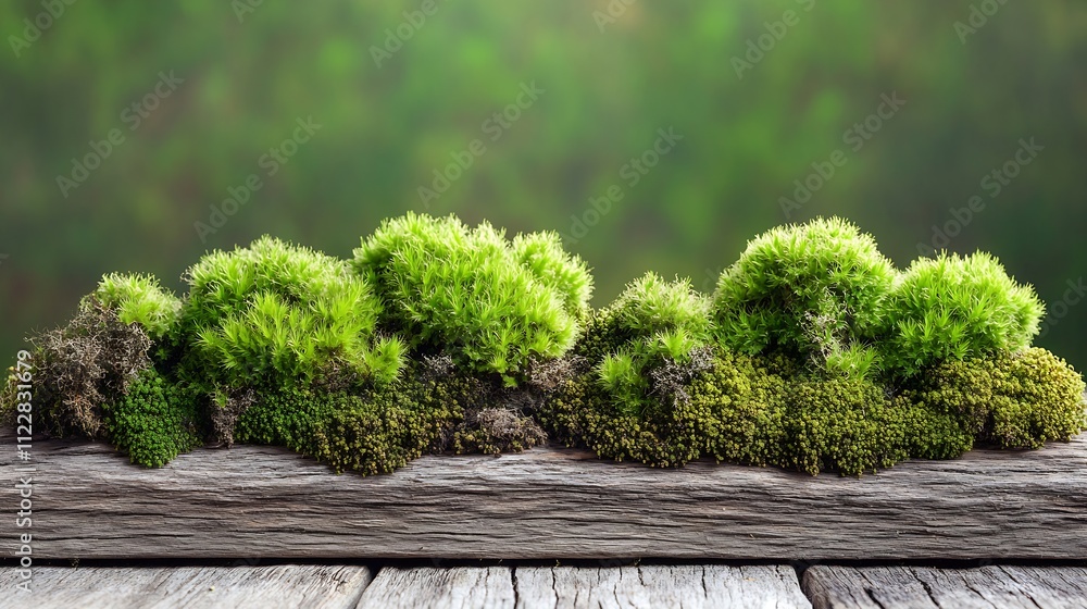 Poster Vibrant Green Moss on Rustic Log with Blurred Forest Background : Generative AI