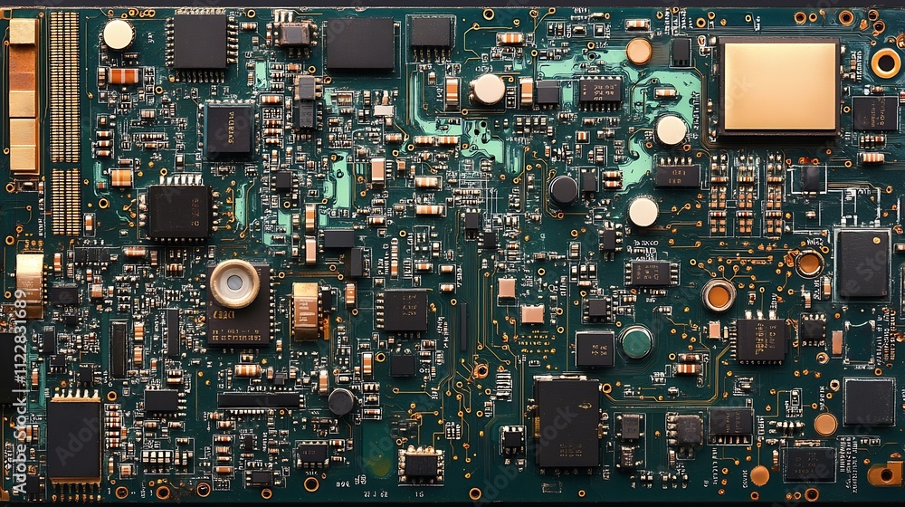 Poster Detailed View of a Complex Modern Circuit Board with Numerous Components : Generative AI