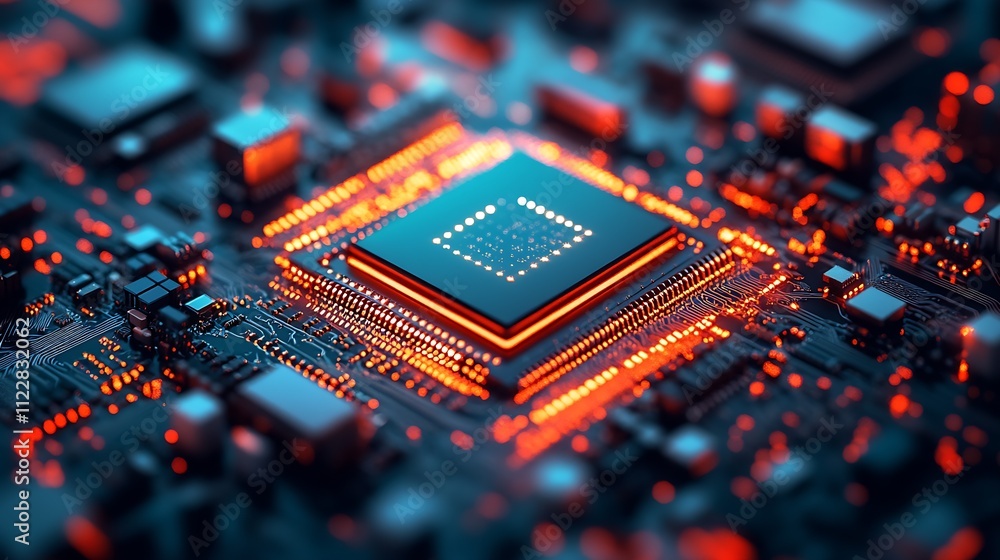 Aufkleber Closeup of Red and Black Circuit Board with Glowing Microchip at Center : Generative AI