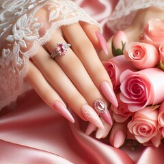  Woman hand with pink long nails is showing engagement ring with pink roses on silk background