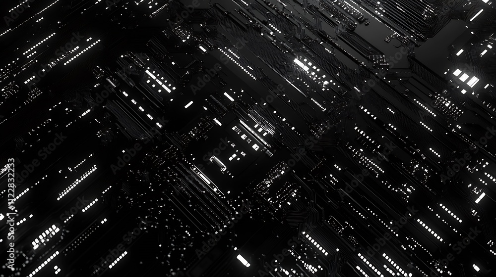 Poster Abstract Black Circuit Board Pattern with Shimmering Electronic Detail : Generative AI