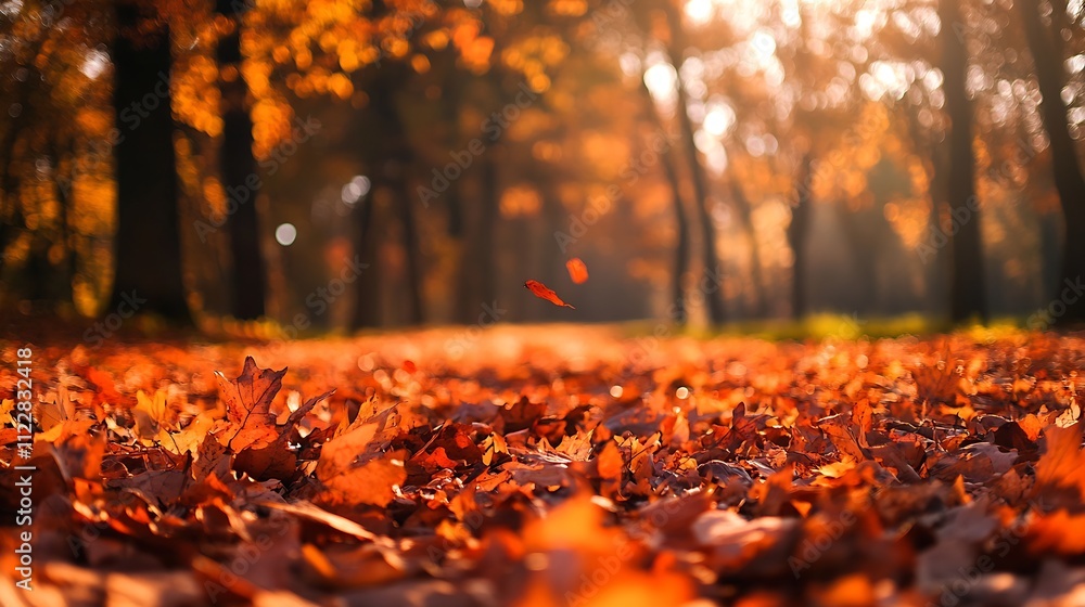 Aufkleber autumn leaves carpet in scenic forest with warm sunlight creating vibrant fall atmosphere : generati
