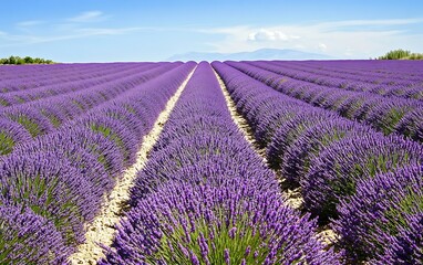 Naklejka premium Vibrant purple lavender fields stretch to the horizon under a clear blue sky.