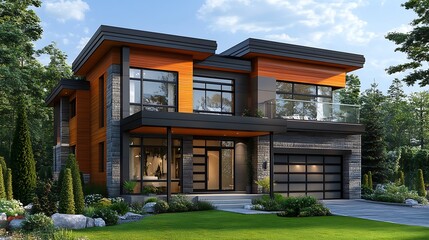 Fototapeta premium Modern home design suburban area real estate outdoor front view