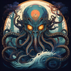 Fototapeta premium A haunting and captivating depiction of a mythical creature set against a swirling ocean and an eerie forest backdrop