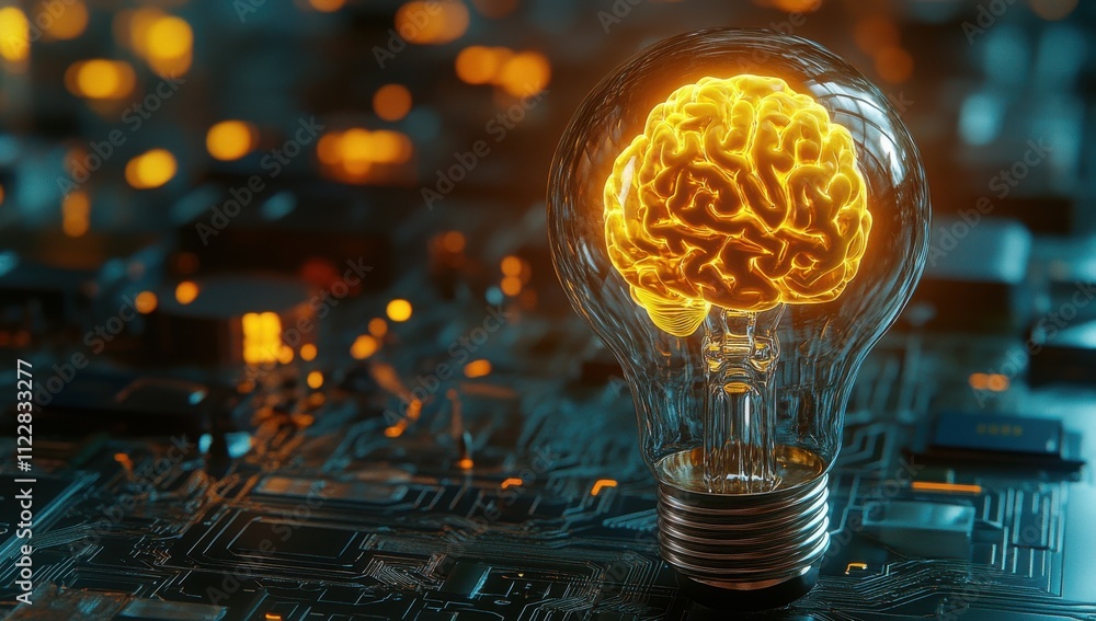Poster a conceptual visualization of a light bulb with a glowing brain inside, symbolizing innovation, crea
