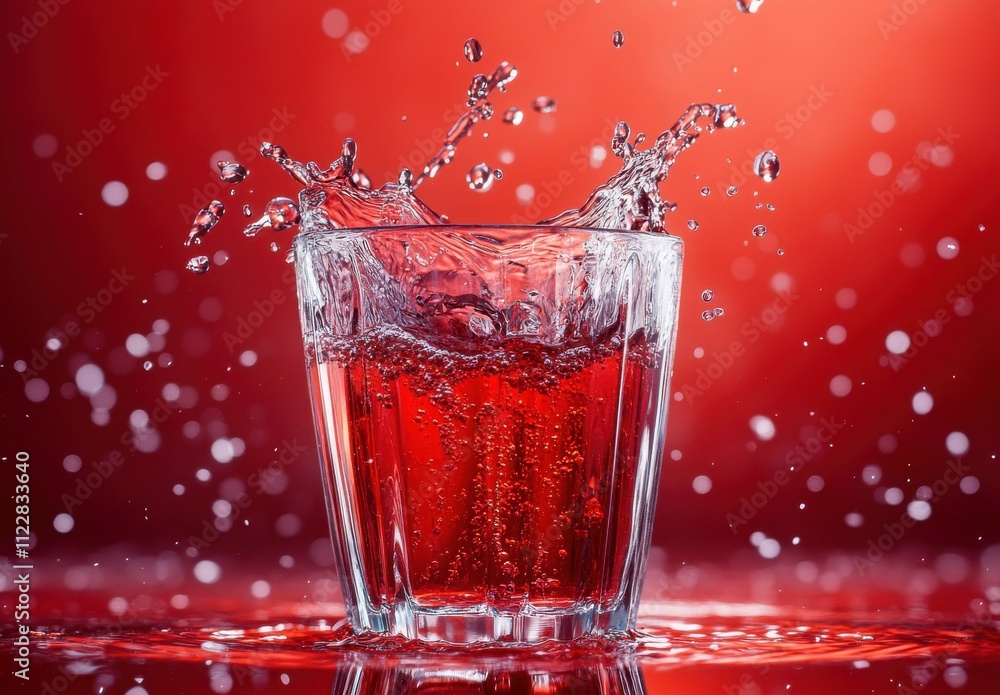 Poster a dynamic splash of red liquid in a clear glass against a vivid red background capturing the essence