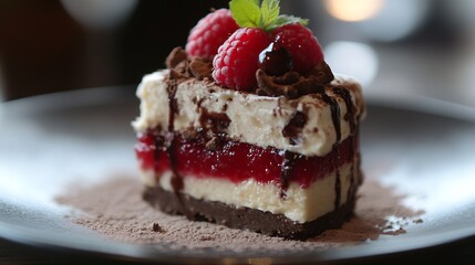 Decadent Raspberry Chocolate Mousse Cake with Whipped Cream and Fresh Mint Garnish : Generative AI
