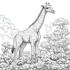 Fototapeta premium Majestic Giraffe in African Savanna A Detailed Pencil Sketch