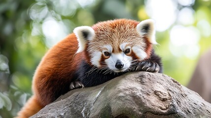 Obraz premium Adorable Red Panda Resting on Rock in Green Forest Habitat : Generative AI