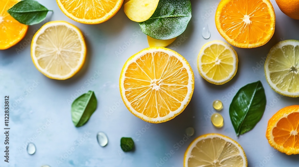 Poster refreshing citrus slices of orange and lemon with green leaves on blue background : generative ai