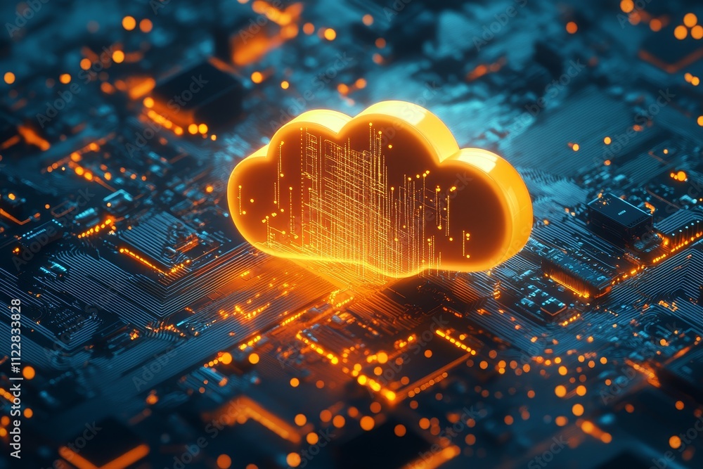 Poster futuristic cloud computing concept with a digital circuit background featuring bright orange cloud i