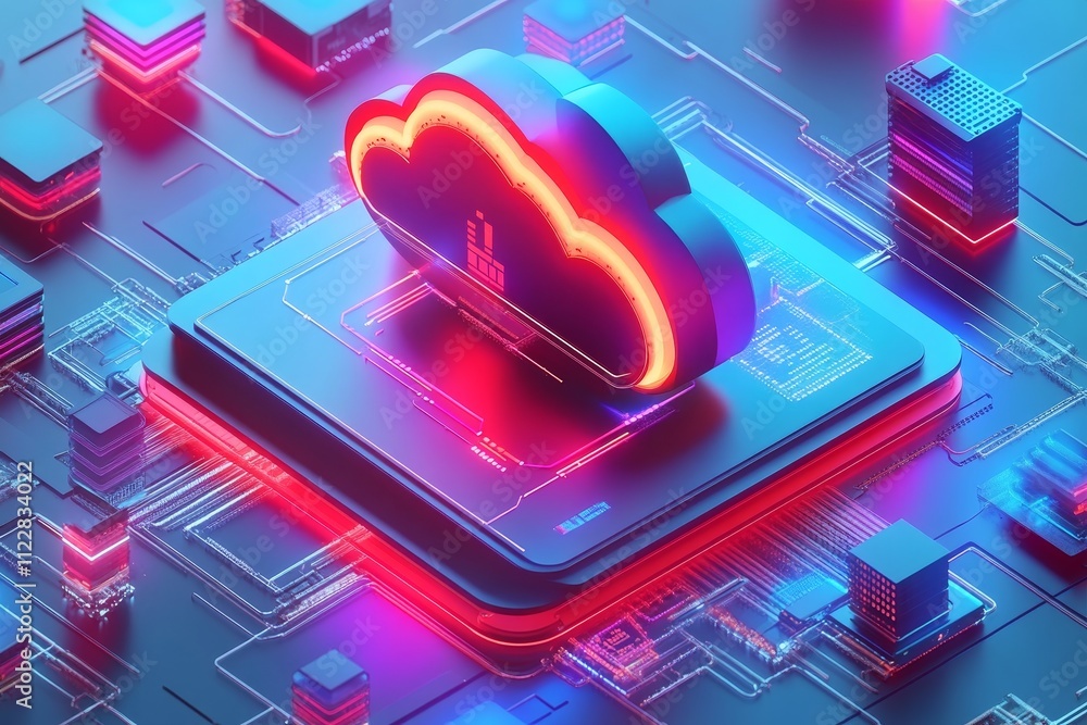 Poster futuristic cloud computing concept with neon lights over circuit board illustrations depicting data 